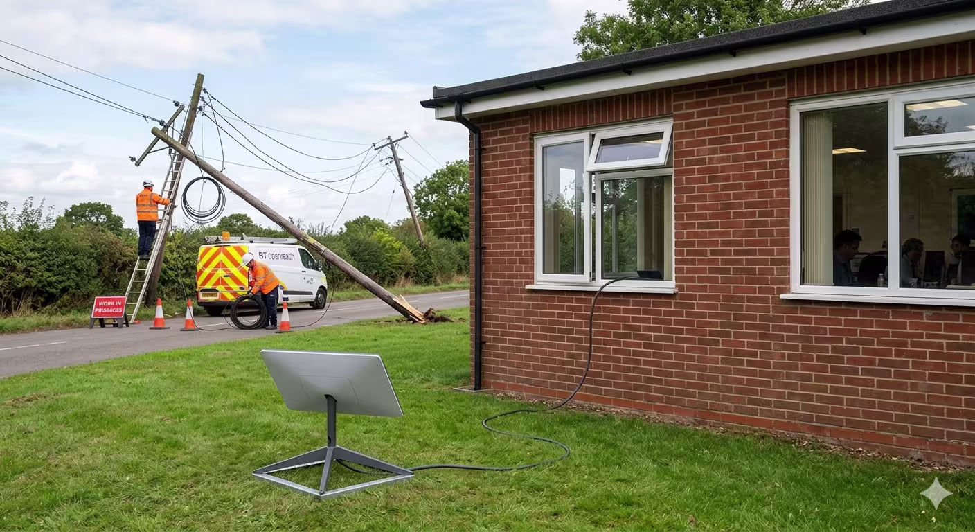 Starlink V3 dish temporary installation with emergency BT repairs in background